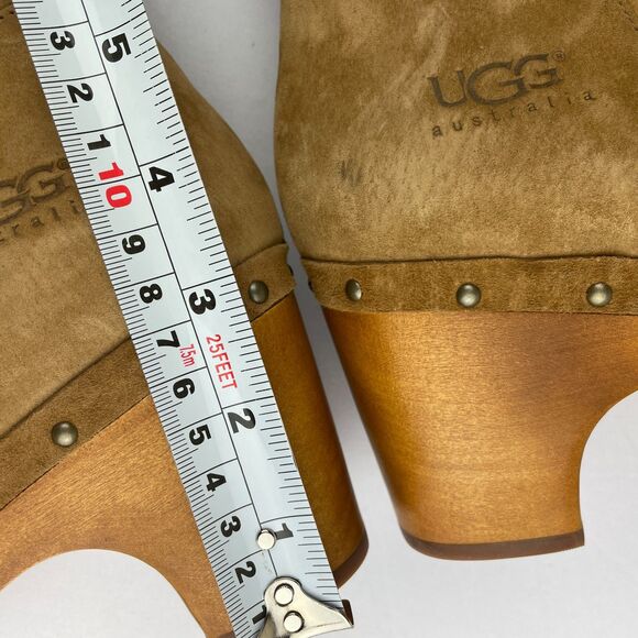 ~ UGG 10 Suede Clog Boots Tan Zip Camel Brown Women Tall Wood Heel Boho HTF Rare - Picture 6 of 14
